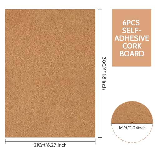Korkplatte Selbstklebend, 6 Stück 30x21cm Korkplatten für die Wand, DIY Rechteck Kork Selbstklebend, 1mm Dick Korktafel Korkmatte für Wanddekoration, Tischdekoration, Foto,Bilder, und Bastelarbeiten