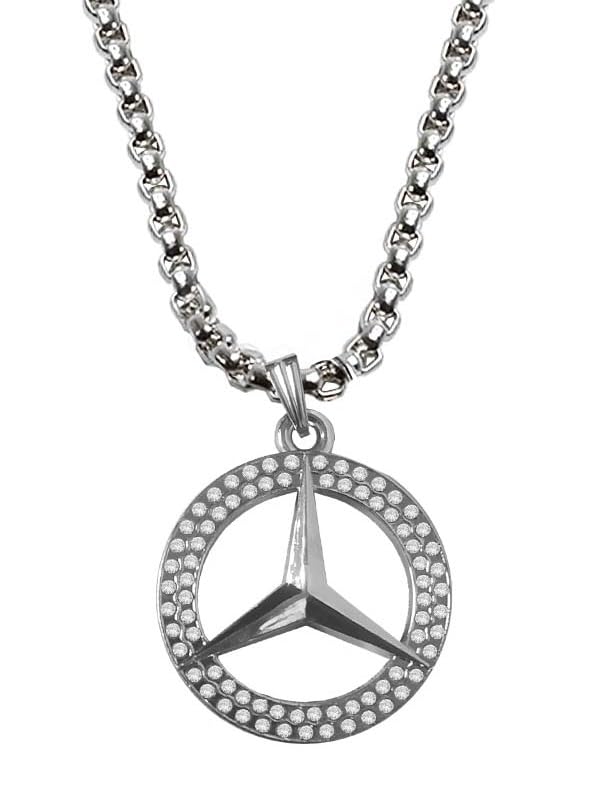Silver Color Unisex Diamond/Nug Stone Studded Fancy & Stylish Stainless Steel Mercedes Logo/Sign Iced Out Bling Design Locket Pendant Necklace With Box Chain For Men's And Boy's-image-22