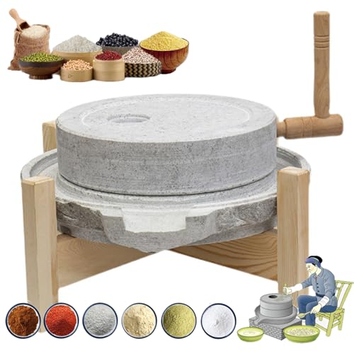 Molinillo de grano de piedra hecho a mano para granos, frijoles y especias, marco de madera fácil de limpiar, herramienta de cocina perfecta para cocinar y hornear en casa