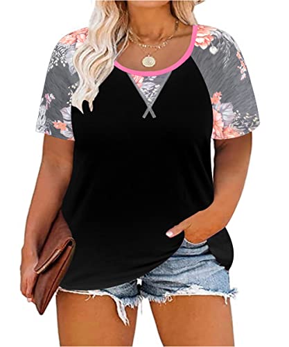 Image of CARCOS Plus Size Tops for Women Short Sleeve Shirt Summer Star /Leopard /Tie Dye /Flower Crewneck Pullover Tunic XL-5XL