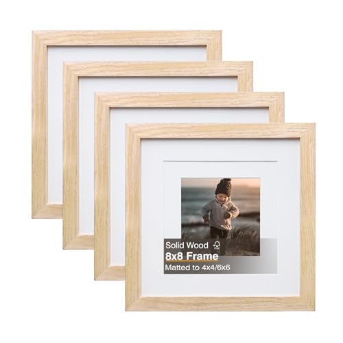 KINLINK 8x8 Picture Frame, Natural Square Solid Wood Frames for Pictures 4x4 and 6x6 with Mat or 8x8 without Mat, Wall and Tabletop Display Photo Frames Natural Wood 4 Pack
