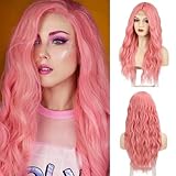 Wirctp Pink Wig Long Wavy Wigs for Women 24 Inch Curly Pastel Pink Synthetic Wig Light Pink Colorful Wig for Daily Cosplay Party Halloween Costume Use