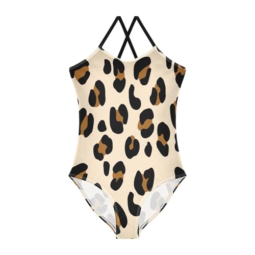 Leopard Print Light Beige Girls' One Piece Halter Swimsuit, Summer Beach Apparel, 3-10