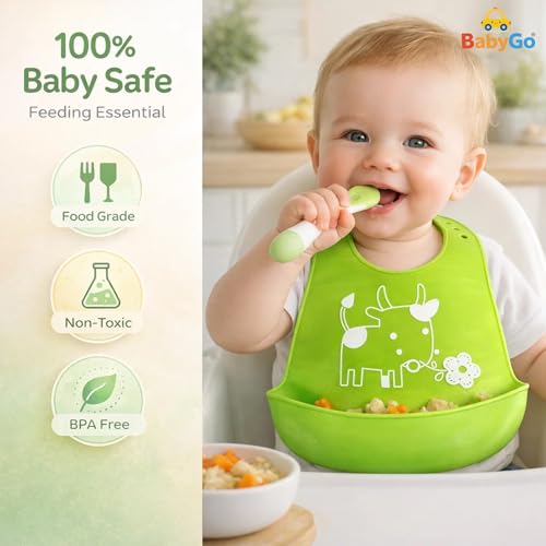 Image of BabyGo Silicone Baby Bib for Feeding & Weaning Infants & Toddlers |Waterproof, Washable & Reusable | Adjustable, Lightweight & Foldable Bib with Food Catcher Pocket |Light Green (Pack of 1)
