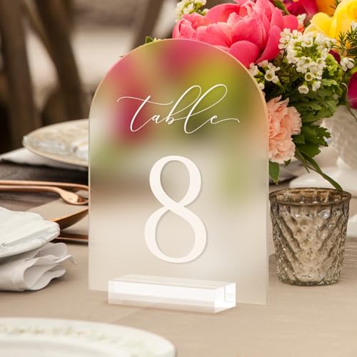 JINMURY Frosted Arch Table Numbers for Wedding, 5x7 Inch Arched Acrylic Table Numbers 1-10 with Acrylic Stands, Frosted Acrylic Arch Tabletop Sign with Holder for Centerpiece, Reception, Wedding,