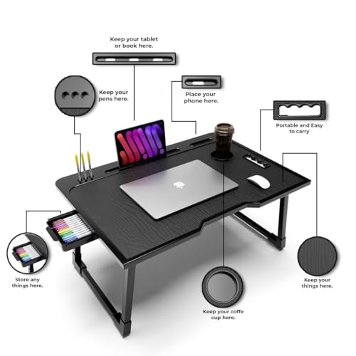 Image of Mini Laptop Table for Bed Foldable Wooden Smart Study Table with Drawer New Kids & Adults (US Black Mold COTED)