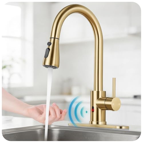 Image of Touchless Kitchen Faucet with Pull Down Sprayer - Brushed Gold Single Handle Kitchen Faucets, High Arc Stainless Steel Pull Out Kitchen Sink Faucet with Deck for RV Laundry Farmhouse Bar