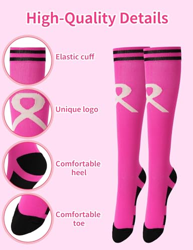 2 Pairs Breast Cancer Awareness Socks,Pink Ribbon Knee High Compression Socks for Softball Soccer Football Baseball2