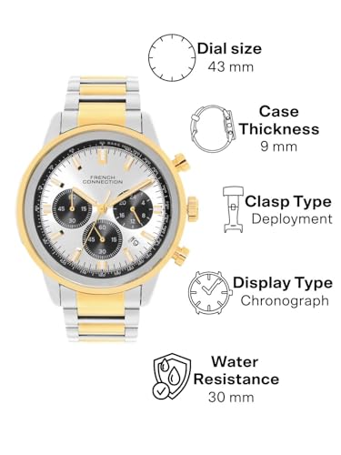 Image of French Connection Sunray Silver Round Dial with Gold Two Tone Stainless Steel Strap Chronograph Watch for Mens - FCN0120TM
