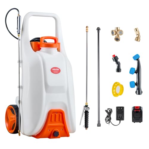 VEVOR 13.1 Gallon Battery Powered Sprayer with Wheels, Adjustable 0-80 PSI, 5 Nozzles and 98ft Hose Included, Orange