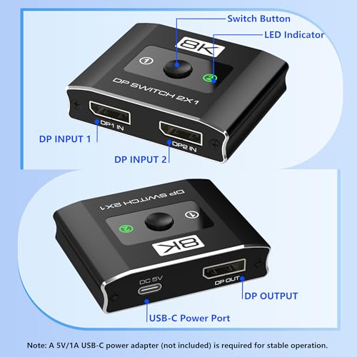 Conmutador DisplayPort de 2 interruptores para portátiles y computadoras 6