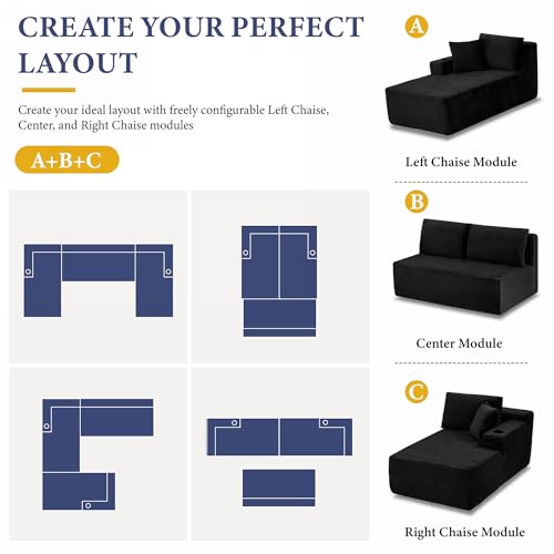 Image of 96 inch Sectional Couches for Living Room Cloud Couch Sofa with L-Shape Upholstered Boneless Couchs Modern Modular Sectional Couch with Chaise (Black, 133 inch W+U Facing Chaise)