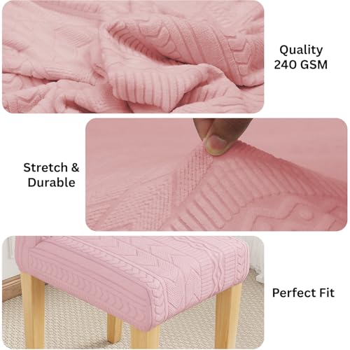 Image of Lukzer Elastic Dining Chair Cover - 2PC Pastel Pink Zigzag | Textured High Stretch Jacquard Seat Cover | Removable Washable Short Dining Chair Cover Protector Seat Slipcover | (CC-078-02)