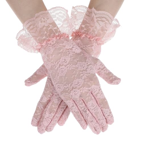 Women Lace Gloves Elegant Wedding Gloves Short Tea Party Glove Courtesy Glove for Opera Evening Wedding Tea Party Prom 1920s (Pink)