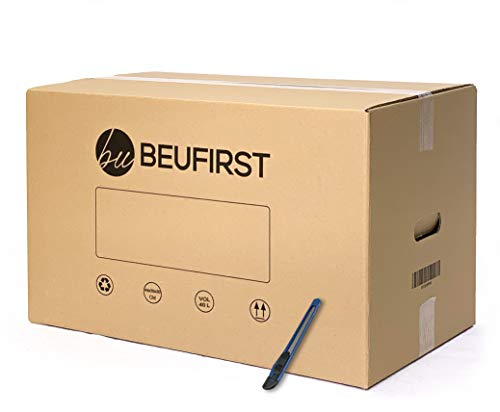 Beufirst Pack de 20 Cajas de Cartón con Asas 440x300x300mm, y Mini-cúter, Cajas para Mudanza, Envíos, Almacenaje y Transporte