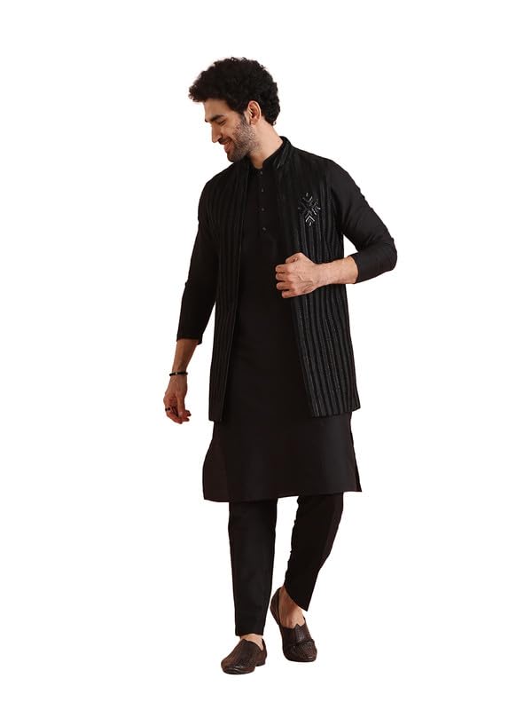 Mens Kurta Jacket Trouser Set|Cotton Blend Fabric Striped Pattern Mens Ethnic Wear|Regular Fit Mandarin Collar Long Sleeves-image-48