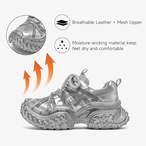 BEAU TODAY Chunky Sneakers for Women，Womens Fashion Sneakers, Genuine Leather Sneakers for Women, Lace Up Comfortable Casual Walking Dad Shoes4