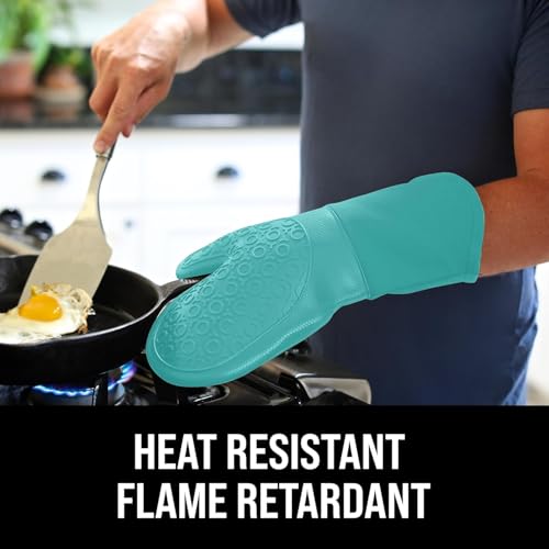 Image of BPA-Free Soft Silicone Oven Mitts - Ultra Heat Resistant Oven Mitts with Thick Cotton Liner - Long Slip Resistant Pot Holders, Flexible Oven Gloves - Turquoise 13.7 inch