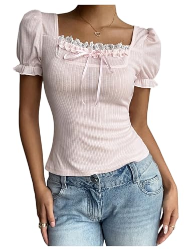 SOLY HUX Women's Cute Lace Puff Sleeve Tops Y2k Tie Front Square Neck...