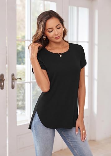 Image of Herou Women's Casual Long /Short Sleeve T Shirt Crewneck with Side Split Fall Pullover Loose Tunic Sweater Tops