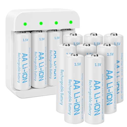 12 Pack Rechargeable 1.5V Lithium AA Batteries with Charger (4-Bay Independent Slot), Long Lasting Double A Size Battery 3600mWh for Blink Batteries