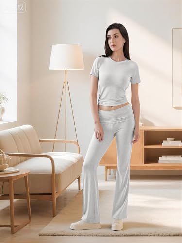 Motarto Women's 2 Piece Lounge Sets Short Sleeve Slim Fit Foldover Flare Pants Crop Top Casual Loungewear PJ2