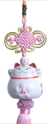 Maneki Neko - Japanese Lucky Cat Charm - Porcelain Figurine Hanging Pendant (Pink)