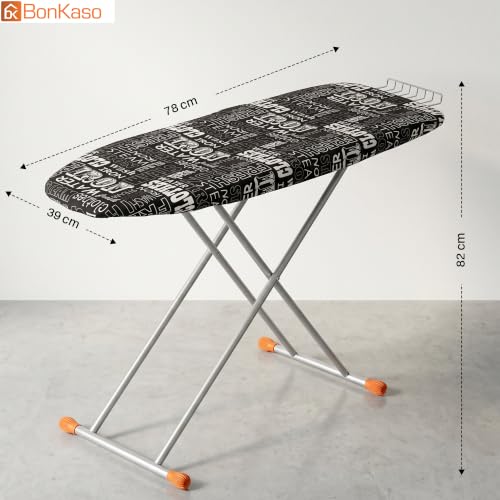 Image of BonKaso Premium Foldable Ironing Board with Adjustable Height & Heat Resistant Iron Rest | Ergonomic Ironing Table with Anti-Skid Legs, Fabric Cover & Foam Padding for Home - Black