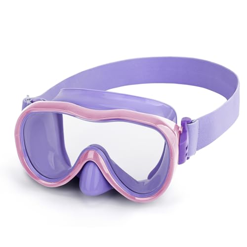 Kids Swim Goggles, Anti-Leak Snork Mask with Nose Cover & Elastic Fabric Strap, UV Protection Swimming Goggles for Kids Boys Girls (Purple-Pink)