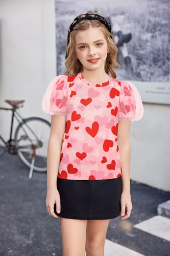 Image of Arshiner Girls Shirts Mesh Puff Short Sleeves Blouse Crewneck Cute Print Summer Kids Tee Tops