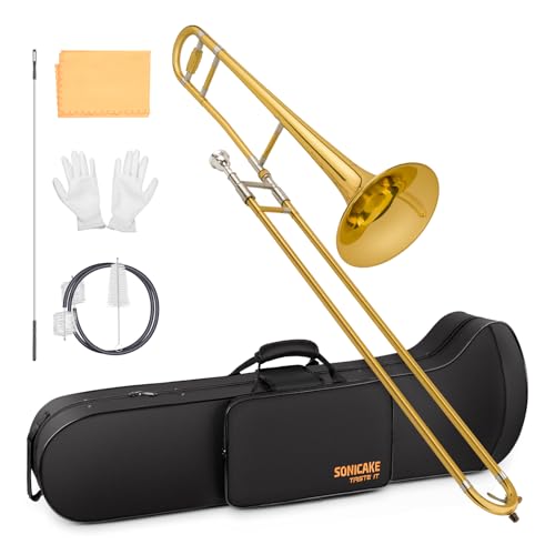 SONICAKE Trombone Alto Sib Laiton Laqué Or, Kit Complet Débutant avec Embouchure 7C, Étui Rigide, Gants QTB-01