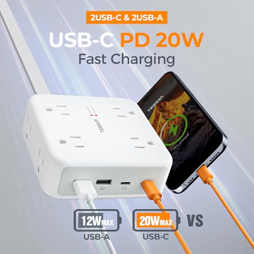 Image of TESSAN Dual Surge Protector Power Strip, 5 Ft Extension Cord Flat Wall Plug