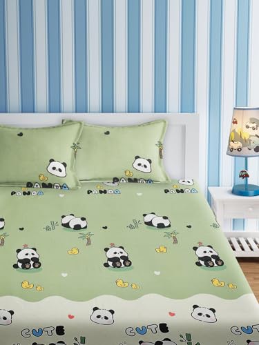 Image of URBAN DREAM Kids Cute Panda Print Green and White BEDSHEET Set (Double Bed)
