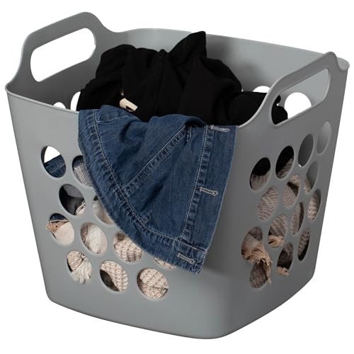 Flexible Plastic Laundry Basket - Square Storage Hamper with Side Handles for Easy Carrying - Versatile Organizer for Laundry, and Household Storage, 28 Litter Gray by Basicwise - Used condition - US$20.76