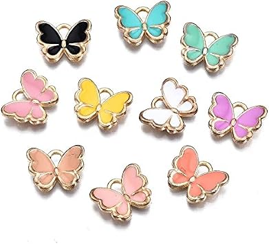 DanLingJewelry 100pcs Random Colors Alloy Butterfly Charms Gold Plated Enamel Butterfly Pendants for Bracelets Necklaces DIY Making