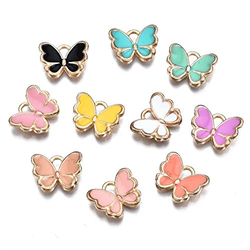 DanLingJewelry 100pcs Random Colors Alloy Butterfly Charms Gold Plated Enamel Butterfly Pendants for Bracelets Necklaces DIY Making