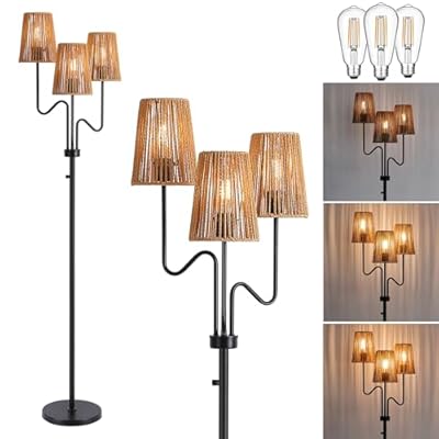 9MMML Farmhouse Boho Dimmable Floor Lamp with Rattan Shade, 68'' Tall Floor Standing Lamp, Vintage 3-Light Floor Lamp for Living Room, Bedroom, Office, Corner, 3 x E26 LED Bulb Included