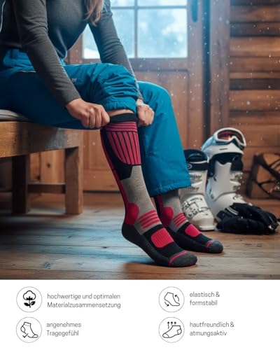 sockenkauf24 Damen Merino Skisocken 39-42 (2 Paar) Thermo Winter Kniestrümpfe mit Polsterung für Ski und Snowboard (Schwarz/Pink)