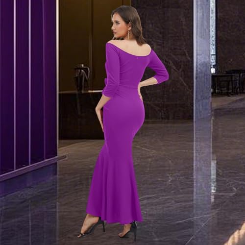 Image of Women's Elegant Formal Mermaid Maxi Dress Off Shoulder Long Sleeve Wedding Split Evening Gown Prom Cocktail Party Dresses