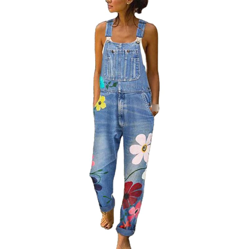 Jeans à Bretelles ImpriméEs pour Femmes Salopette en Denim Coupe DéContractéE Classique Combinaison en Denim Fleuri à Jambe Large en Coton (XL,Bleu Clair)