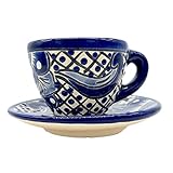 Talavera Espresso-Kaffeetasse und Untertasse aus Keramik, Blumenmuster, Blau und Weiß, 57 ml, in Geschenkbox für Familie – Cafe Espresso Azul y Blanco