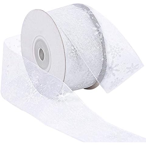 Livder 1.6 Inch Wide Christmas Snowflake Sheer Organza Ribbon for Xmas Gift Wrapping, Tree, Wreath, Party Decoration, 25 Yards (White) Cover