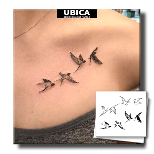 UBICA Tattoo Tech, 2 Sheets Small Sparrow Birds Semi Permanent Tattoo, Lasts 7-15 Days Minimalist Fine Line Temporary Tattoos, Waterproof and Non-Reflective, for Vacation Holiday Party