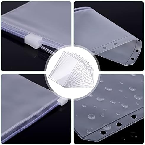 11 Pcs Cash Envelopes, Waterproof PVC Binder Pockets A6 Money Saving Wallet 6 Holes Zipper Folders with Label Stickers for Bill Money Cash Cards