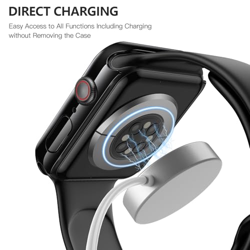 Image of Misxi 2 Pack Tempered Glass Case Compatible for Apple Watch Series 9 Series 8 Series 7 45mm, Hard PC Screen Protector Overall Protection Scratch-Resistant Cover for iWatch, 1 Jet Black + 1 Transparent