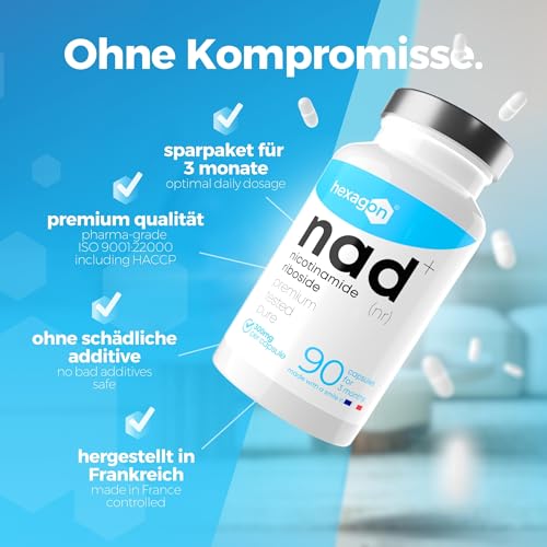NAD+ Nicotinamide Riboside Chloride 300mg - +3 Monate Kur - NAD Booster - Anti-Aging & Gegen Müdigkeit - Made in France - 90 Vegetarische Kapseln - Vegan - Hexagon