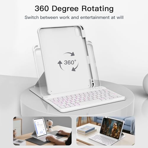 Image of RAYMCRAFT for iPad 11th(A16, 2025) /10th Generation Case with Keyboard, 360 Rotatable Case & Detachable Backlit Keyboard, Precision Cutouts and Pen Holder for iPad A16 11'' /10th 10.9'', White