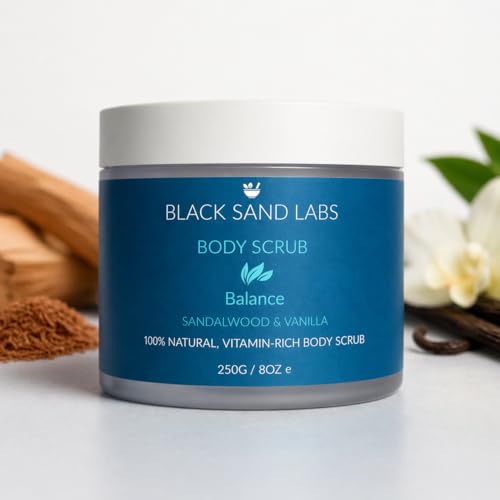 Image of Black Sand Labs Dead Sea Salt Scrub – Natural Exfoliating Body Scrub with Coconut, Jojoba & Essential Oils – Moisturizing Body, Foot & Hand Scrub – Parfume & Dye-Free – 250g (Sandalwood & Vanilla)