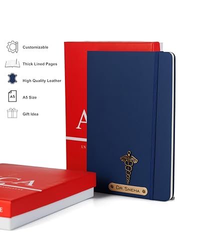 Image of AICA Personalized Name & Charm Doctor Leather Notebook Diary - A5 Size, 180 Ruled Pages (Navy Blue) | Customized Gift for Doctors Retirement Farewell Appraisal Birthday For Men Women Girls Boys