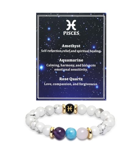 Meibai Healing Crystal Zodiac Bracelet 8mm Natural Beaded Star Sign Bracelets Astrology Birthday Gift for Men Women (Pisces)